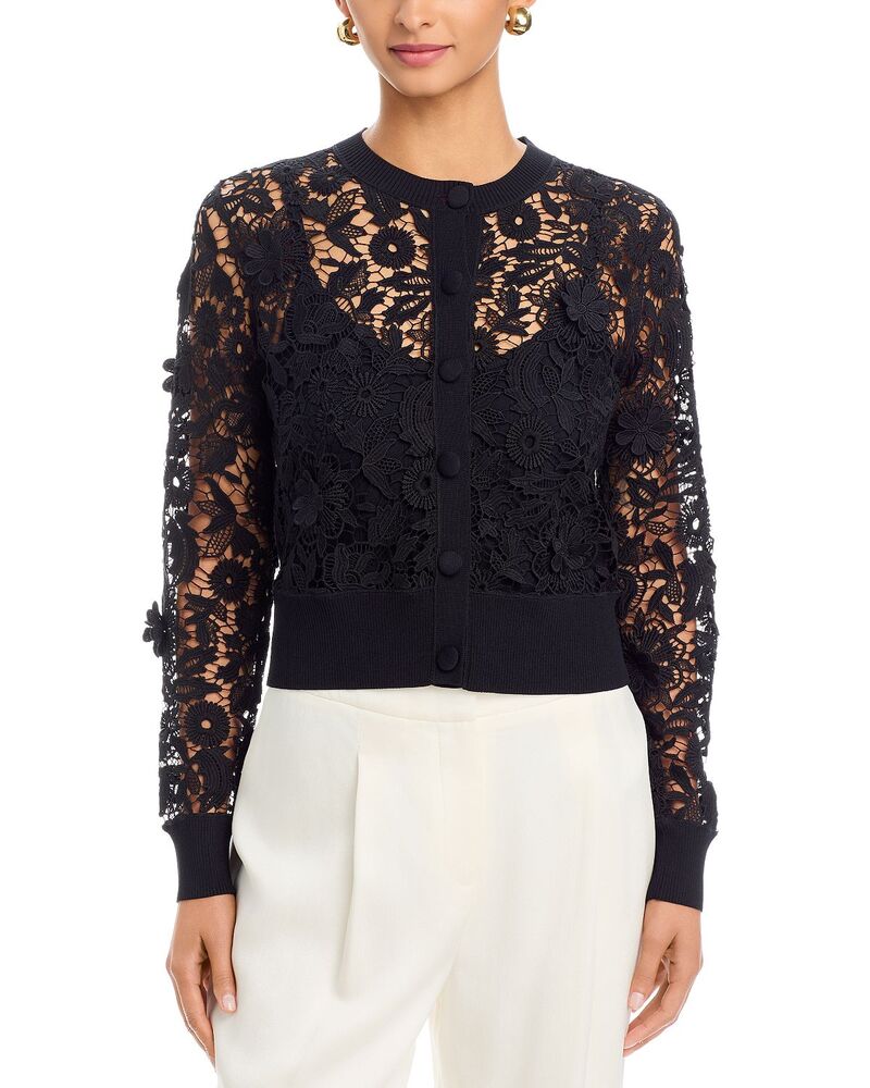 テリジョンバイリッキーフリーマン レディース アウター ジレー スピード競技 編み物 Teri Jon by Rickie Freeman Eyelet Lace Knit Cardigan Black 黒いこと