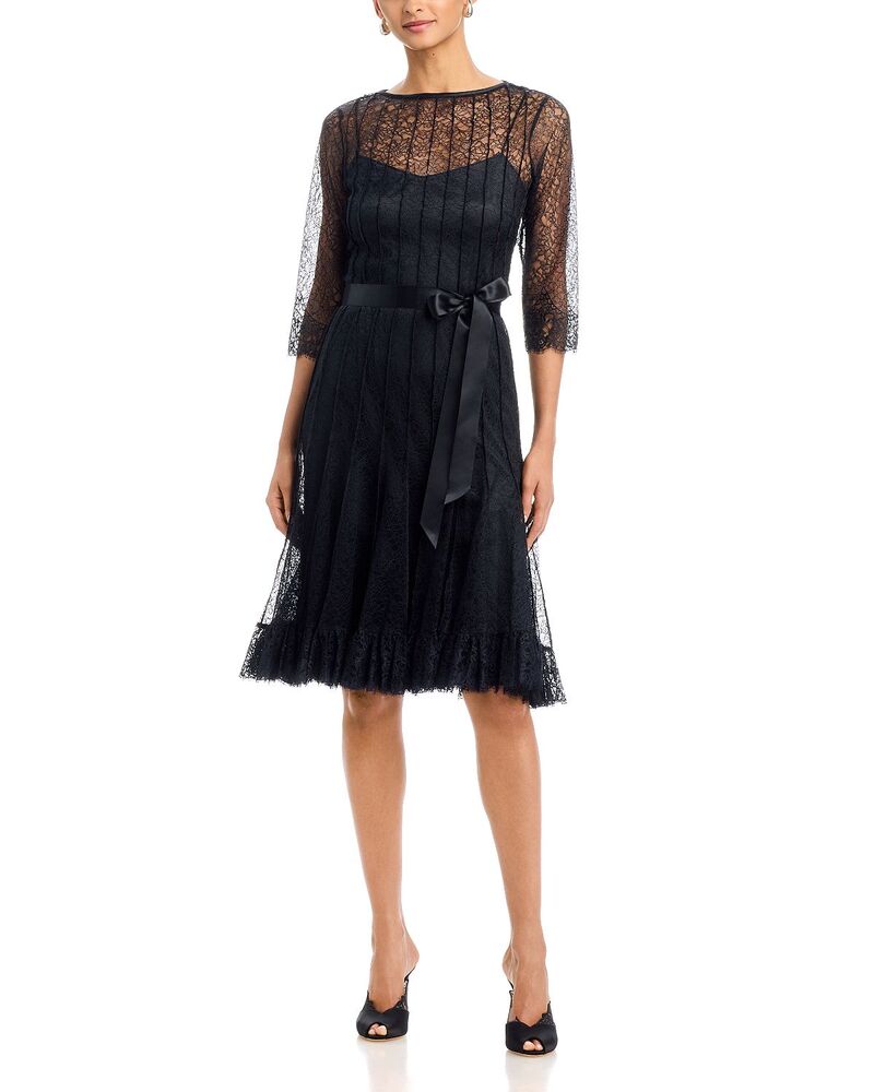 テリジョンバイリッキーフリーマン レディース トップス 衣装 フラウンス裾 フラウンス スピード競技 Teri Jon by Rickie Freeman Lace Pintuck Ruffle Hem Dress Black 黒いこと
