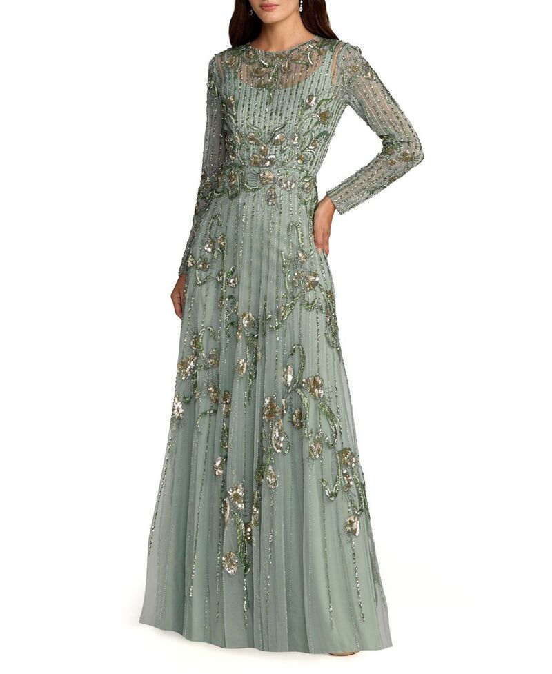 マックダガル レディース トップス 衣裳 チュール A 伝達ルート Mac Duggal Embellished Tulle Long Sleeve A Line Gown Sage サルヴィア