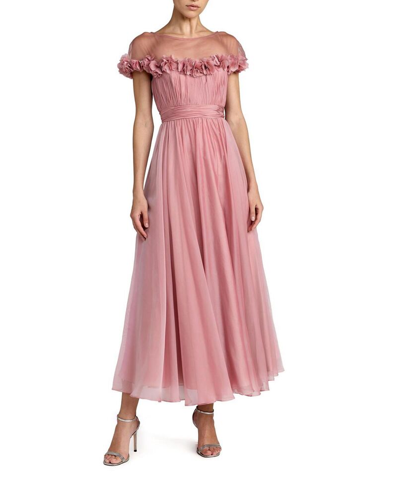 マックダガル レディース トップス 衣裳 シフォン MIDI Mac Duggal Chiffon Illusioneck Midi Dress with 3D Flowers Rose Gold ゴールド