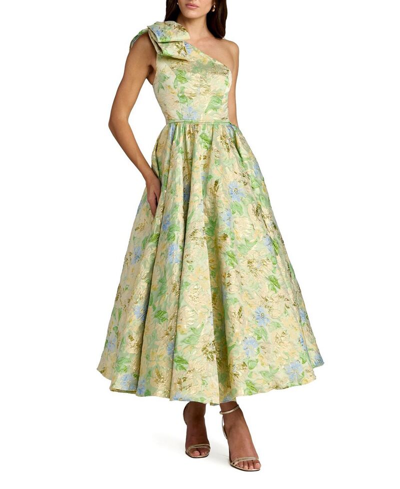 マックダガル レディース トップス 衣裳 お花柄 MIDI 一肩先 お花 Mac Duggal One-Shoulder Floral Brocade Midi Dress with Bow Detail Green Multi 緑であること