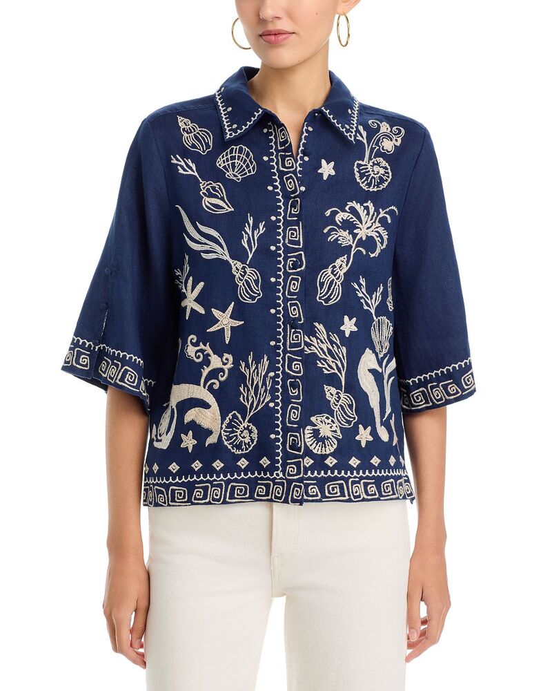 ジョニーワズ レディース トップス プルオーバー リネン Johnny Was Meri Kimono Sleeve Linen Shirt Blue Night 青色