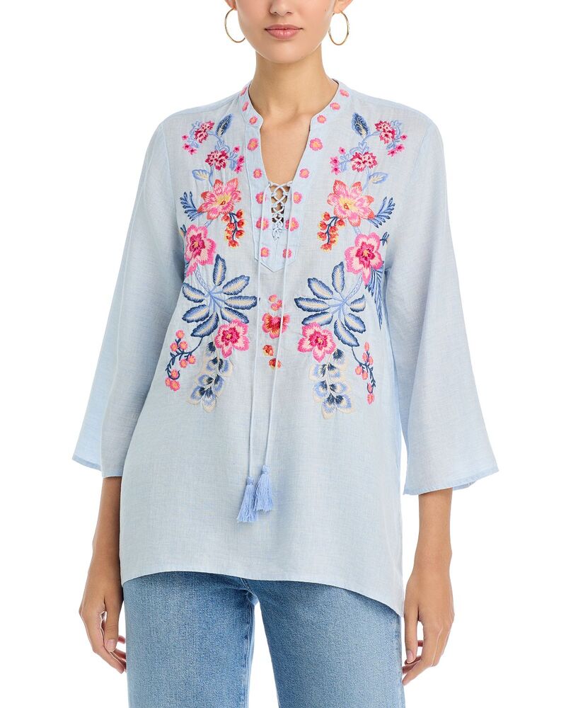 ジョニーワズ レディース トップス プルオーバー トップ Johnny Was Liriel Tie Front Blouse Blue Slub Linen 青色