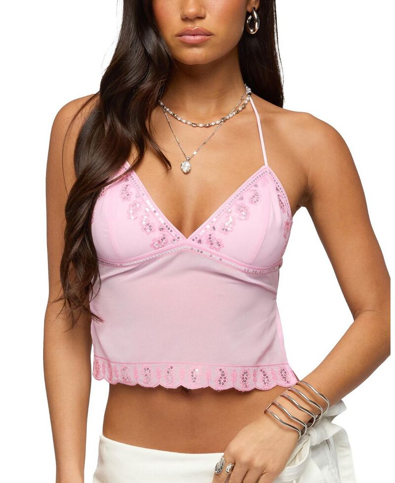 アディクテッド レディース トップス ティーシャツ 後ろ側車のドア スパンコール ホルター Edikted Allise Backlessequin Halter Topink サクラ色