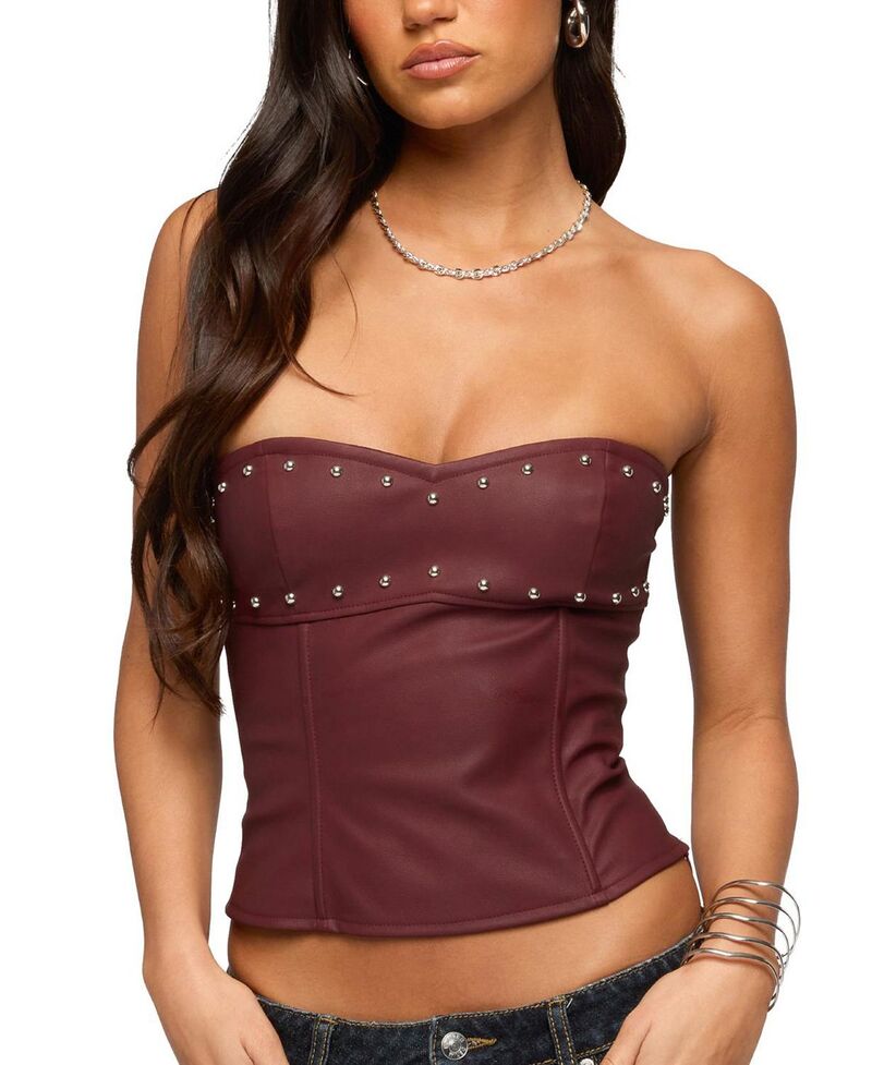 アディクテッド レディース トップス プルオーバー Edikted Izara Studded Corset Burgundy バーガンディ