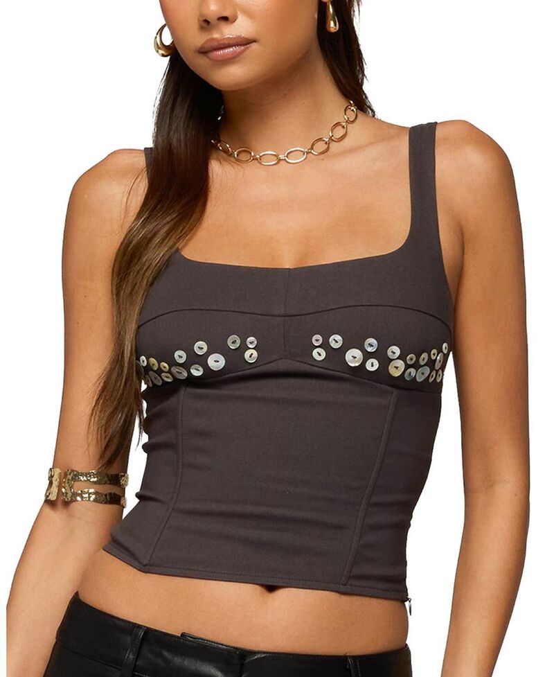 アディクテッド レディース トップス プルオーバー Edikted Libbie Iridescent Button Corset Dark-Brown 赤銅色