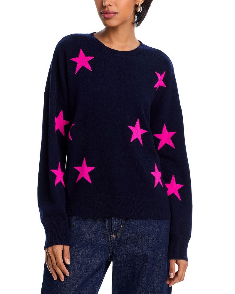 アクア レディース アウター 編み物・ティーシャツ 労働者の一団のど首 AQUA 100% Cashmere Star Crewneck Sweater - Exclusive Peacock/Knockout Pink サクラ色