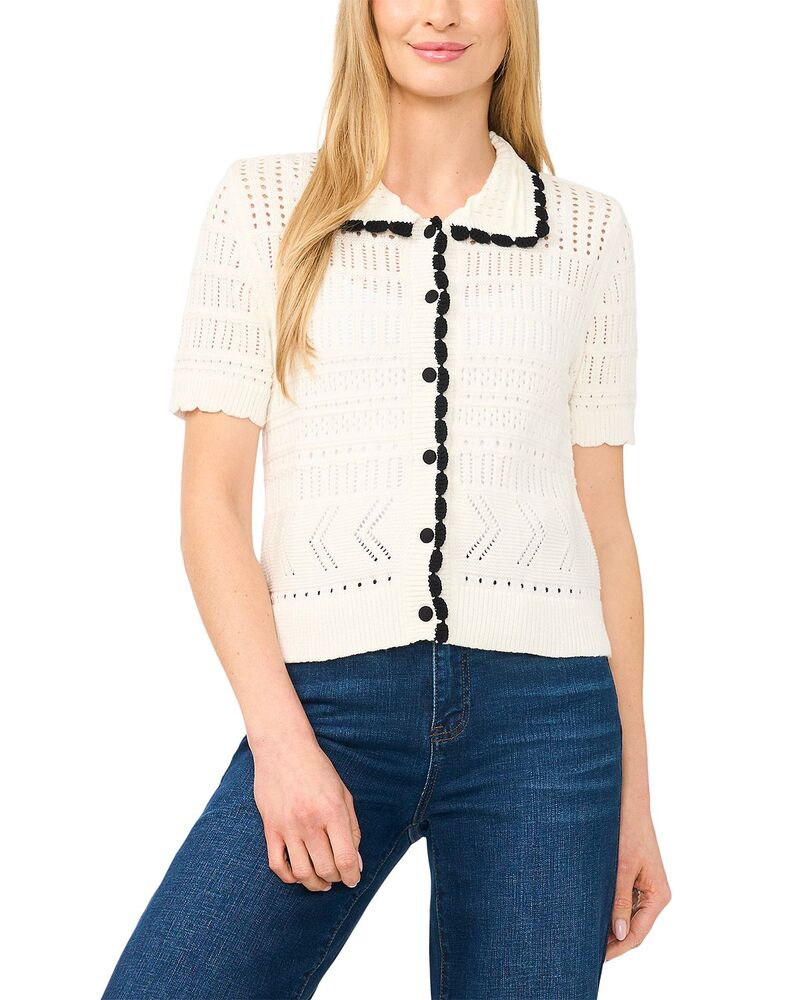 セセ レディース アウター カーディガン CeCe Collared Short Sleeve Pointelle Cardigantique White ホワイト｜ReVida 店