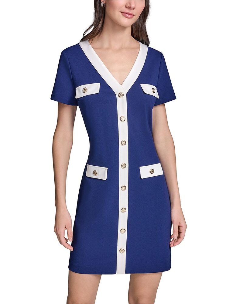 長い巻き毛 ラガーフェルド レディース トップス 衣裳 Vネックレープ アクアラング KARLAGERFELD PARIShort Sleeve Scuba Crepe V Neck Sheath Dress Maritime/Soft White 白いこと