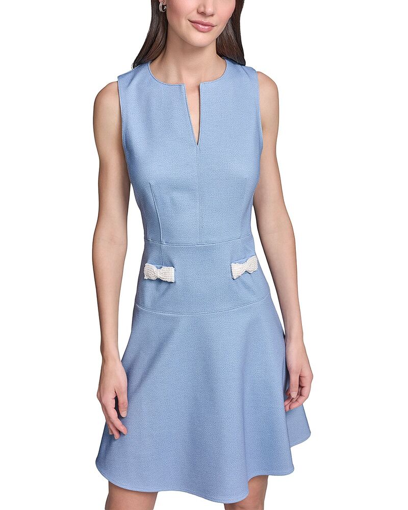 長い巻き毛 ラガーフェルド レディース トップス 衣裳 ノースリーブ KARLAGERFELD PARISleeveless Pearl Bow Pocket Fit and Flare Dress Light Blue Multi 青碧