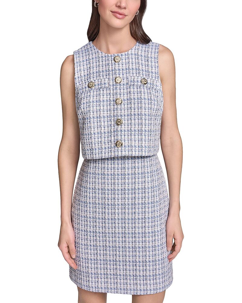 長い巻き毛 ラガーフェルド レディース トップス 衣装 ツィード ノースリーブ KARLAGERFELD PARISleeveless Tweed Sheath Popover Dress Mystic Blue Multi 青色