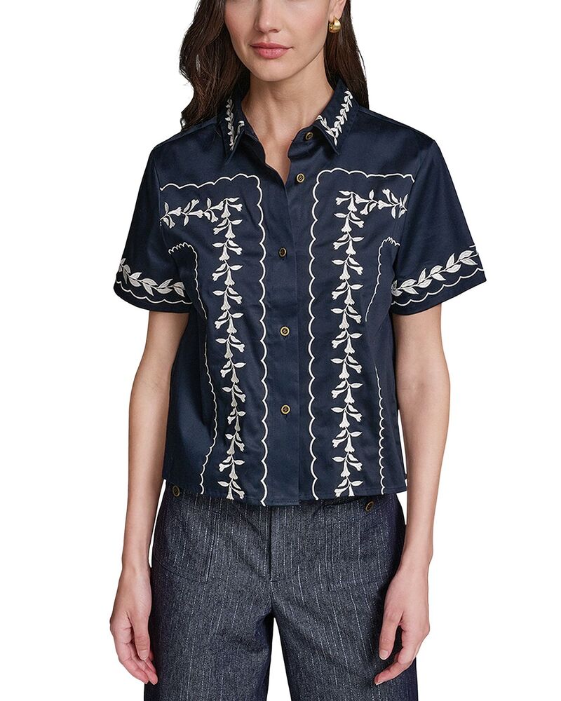 カール ラガーフェルド レディース トップス シャツ フラワー柄 刺繍 フラワー KARLAGERFELD Floral Embroidered Classic Shirt Midnight｜ReVida 店 25,776円