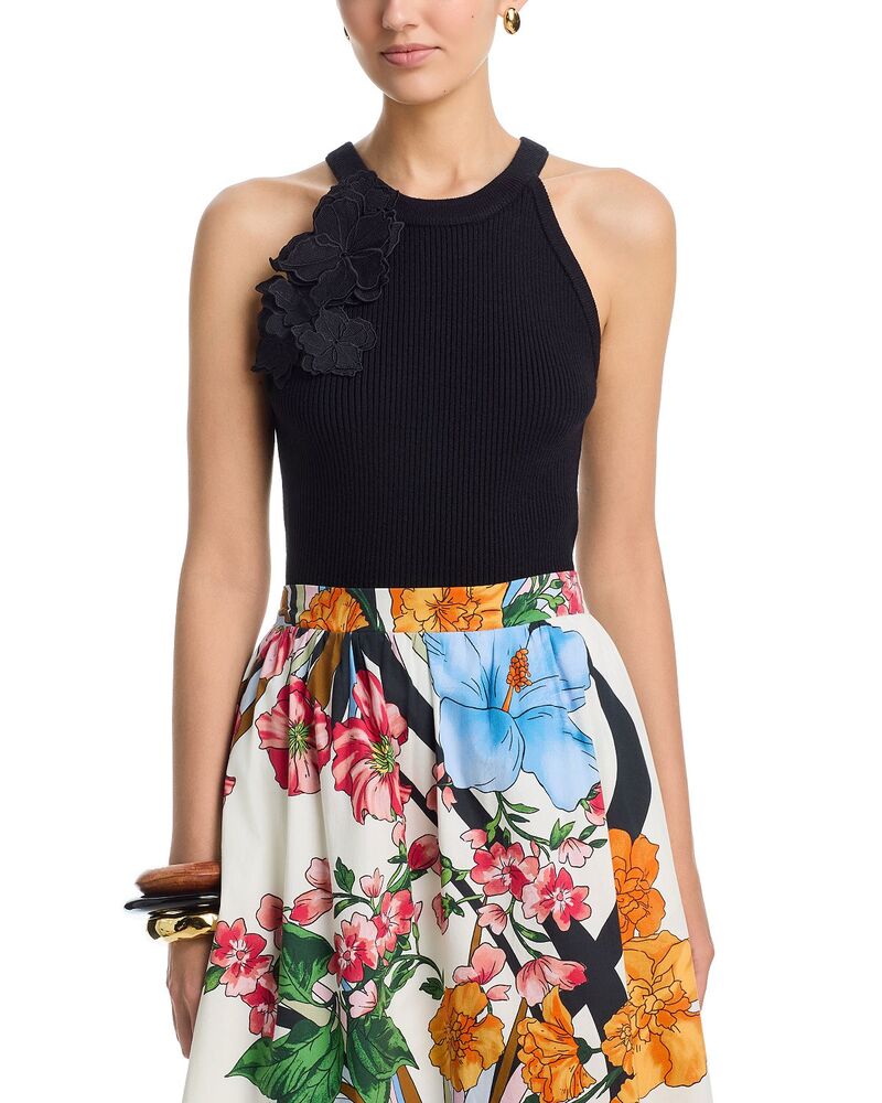 ティー・タハリ レディース トップス 貯蔵タンクいの一番 御花柄 肋材 御花 Tahari Floral Detail Ribbed Tank Black 黒いこと