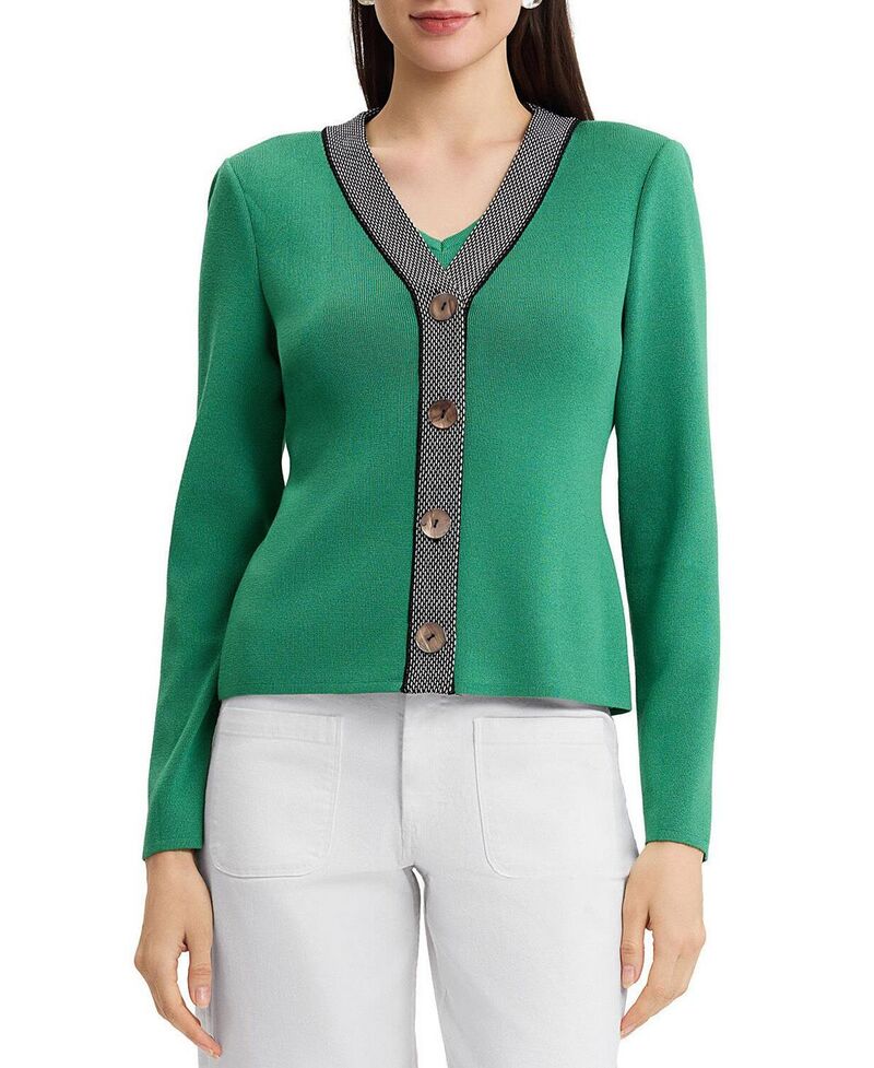 ミンウォン レディース アウター ジレー 対比 編み物 Ming Wang Contrastrim Soft Knit Cardigan Kelly Green 緑であること