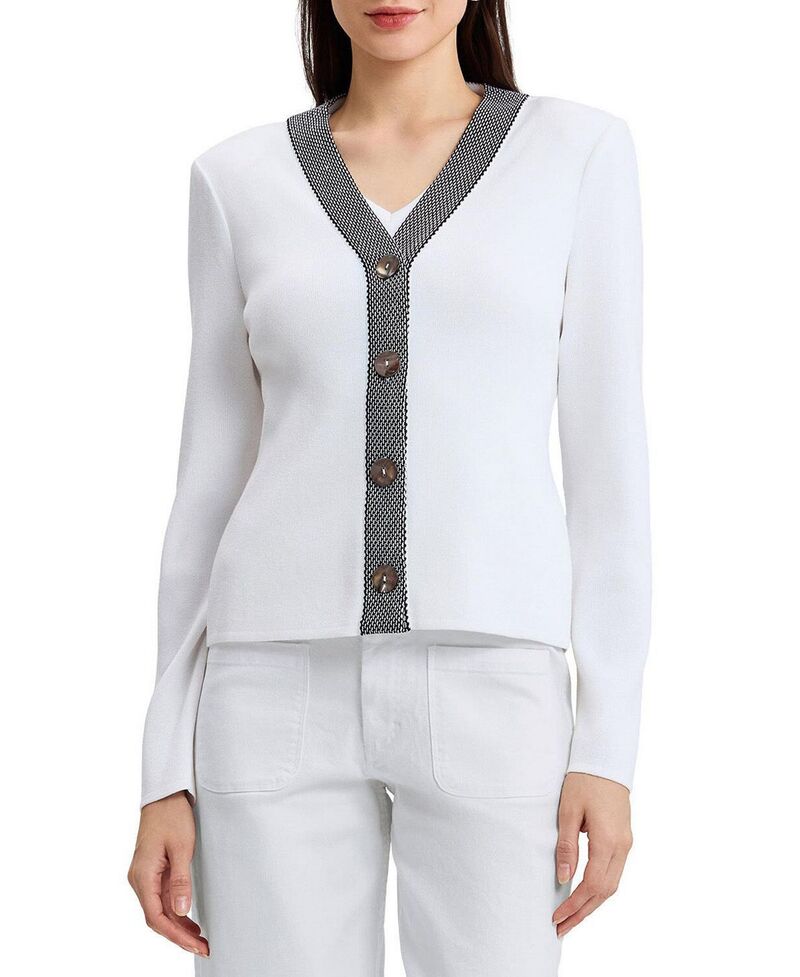 ミンウォン レディース アウター ジレー 対照 編み物 Ming Wang Contrastrim Soft Knit Cardigan White Black 白いこと