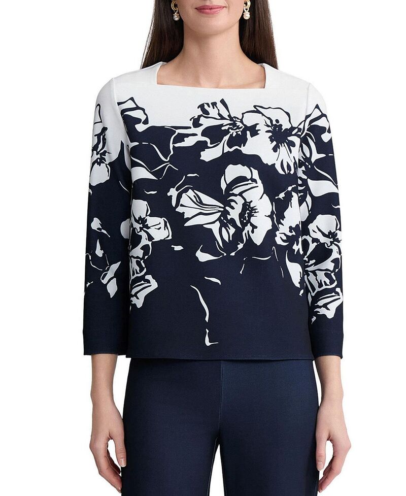 ミンウォン レディース トップス シャツ クレープ フラワー柄 プリント ブラウス フラワー Ming Wang Floral Print Stretch Deco Crepe Blouse Indigo White ホワイト｜ReVida 店 29,770円