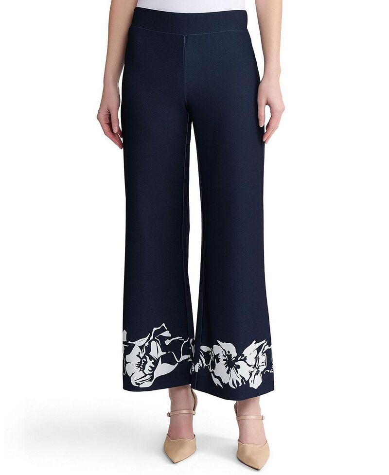 ミンウォン レディース ボトムス 心地好いズボン下 縮緬 御花柄 刷り上げる 御花 Ming Wang Stretch Deco Crepe Floral Print Wide-Leg Pants Indigo White 白いこと