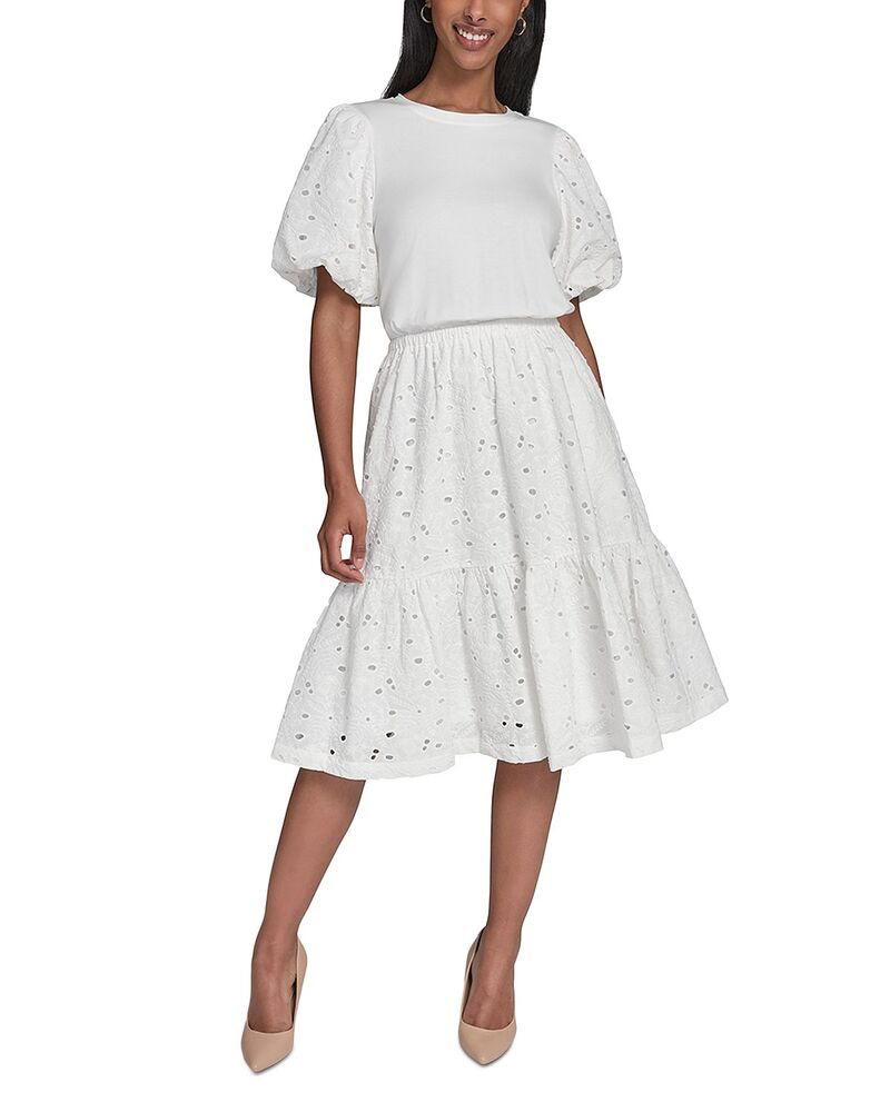 長い巻き毛 ラガーフェルド レディース トップス 衣装 KARLAGERFELD PARIS Mixed Media Eyelet Dressoft White 白いこと