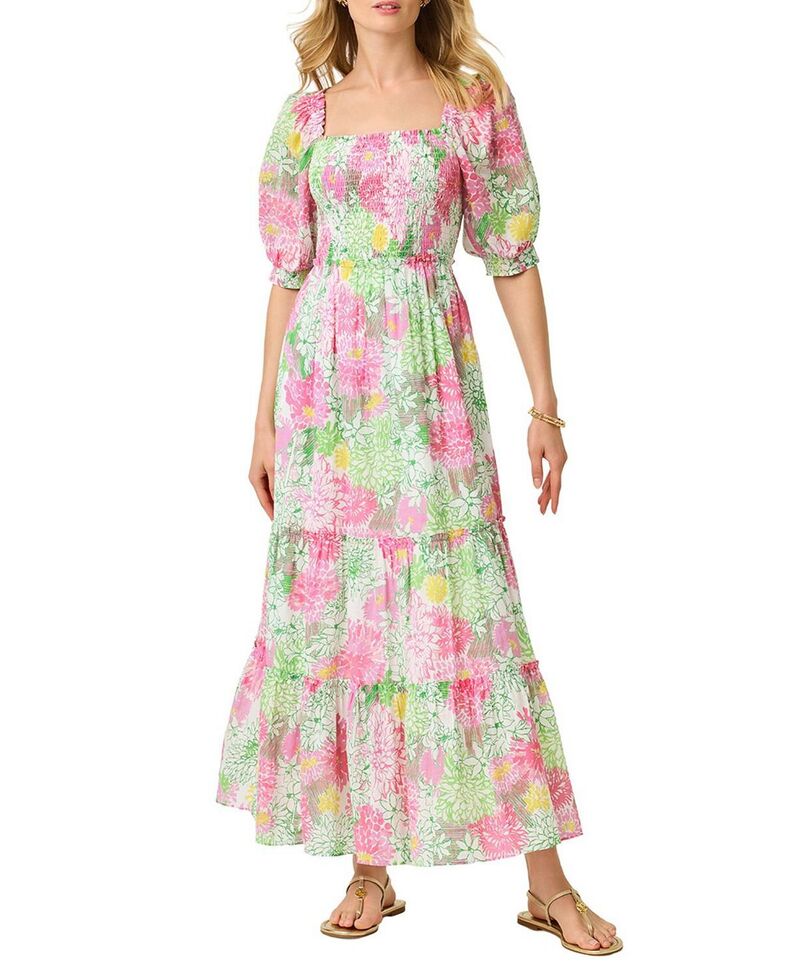 リリーピュリッツァー レディース トップス 衣裳 シャーリング マキシ Lilly Pulitzer Hadley Short Sleeve Smocked Maxi Dress Resort White Mum Patch 白いこと