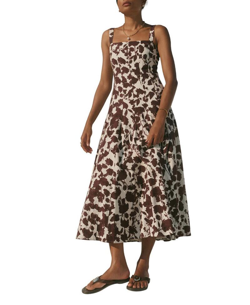 ミルトンベルベット レディース トップス 衣裳 刷り上げる MIDI リネン Mint Velvet Women\u0027s Linen Blend Printed Midi Dress Brown 赤銅色