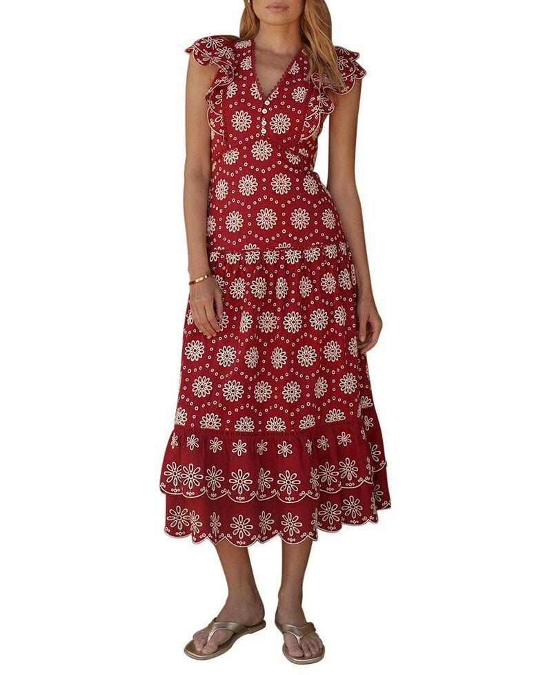 ミルトンベルベット レディース トップス 衣裳 MIDI 綿織物 Mint Velvet Women\u0027s Cotton Broderie Drop Waist Midi Dress Red 赤いこと