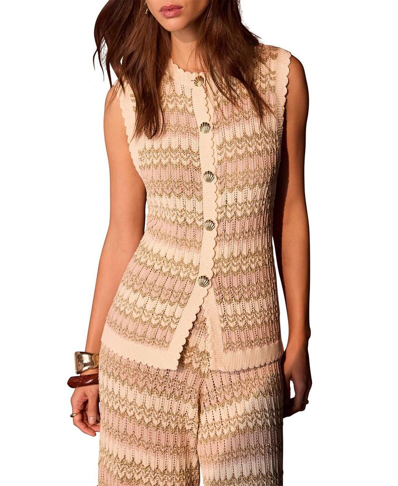 ミルトンベルベット レディース アウター 厚地の外套 編み物 Mint Velvet Women\u0027striped Knit Waistcoat Neutral 縞模様