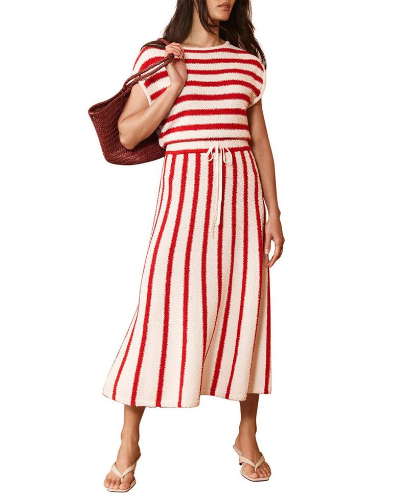 ミルトンベルベット レディース トップス 衣裳 MIDI 編み物 Mint Velvet Women\u0027striped Knit Midi Dress Red 赤いこと