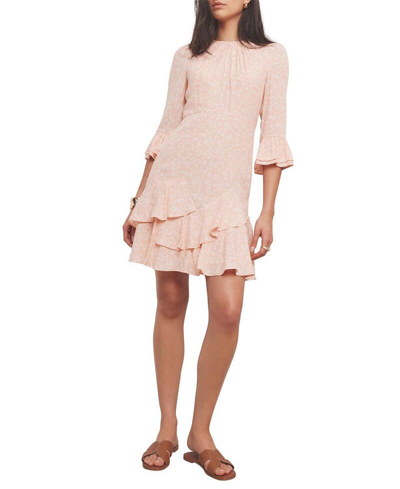 ミルトンベルベット レディース トップス 衣裳 御花柄 刷り上げる フラウンス ミニ 御花 Mint Velvet Women\u0027s Floral Print Ruffle Mini Dress Pink さくら色
