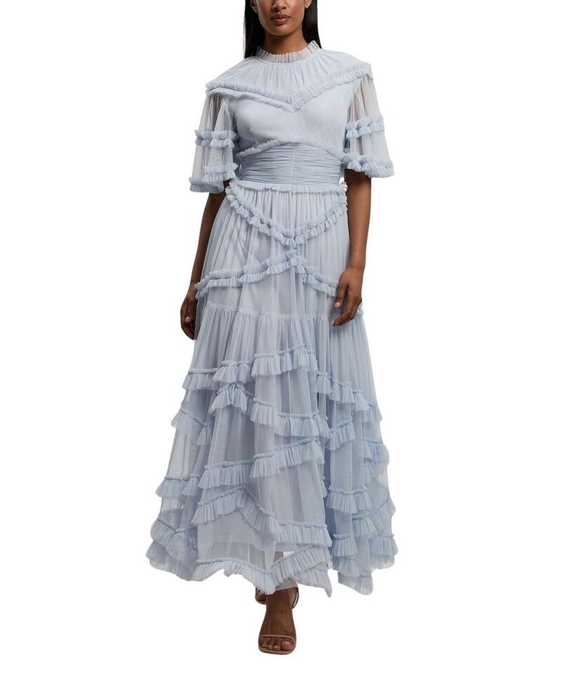 カレンミレン レディース トップス 衣裳 チュール フラウンス マキシ Karen Millen Tulle Ruffle Detail Woven Maxi Dress Ice Blue 青碧