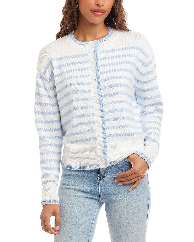 カレンケーン レディース アウター カーディガン セーター Karen Kane Stripe Cardigan Sweater Blue/ Off White オフホワイト｜ReVida 店