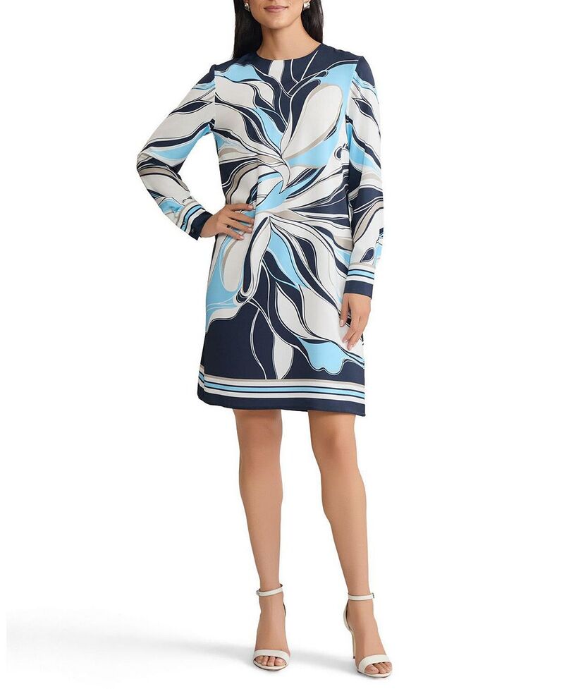 ミンウォン レディース トップス 衣裳 縮緬 御花柄 御花 Ming Wang Floral Abstract Crepe de Chine Shift Dress Indigo White Limestone Serene 白いこと