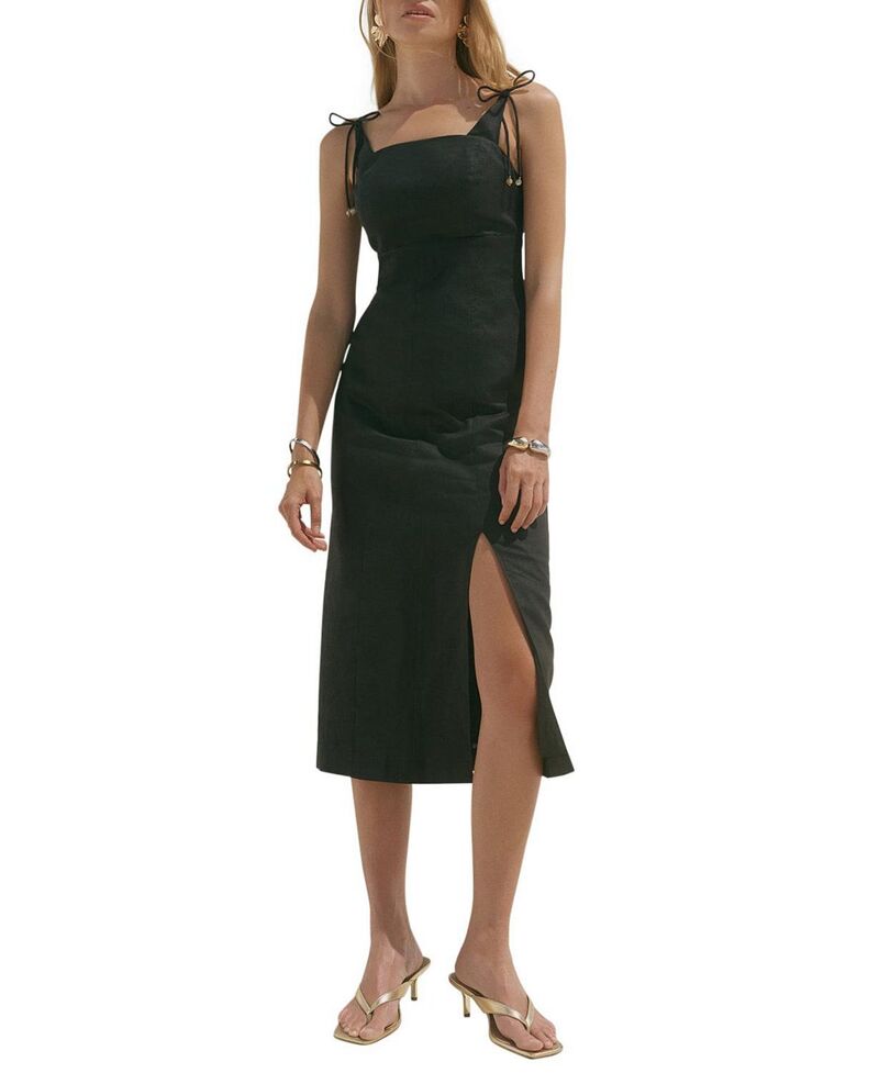 ミルトンベルベット レディース トップス 衣裳 MIDI リネン Mint Velvet Women\u0027s Linen Bow Detail Midi Dress Black 黒いこと