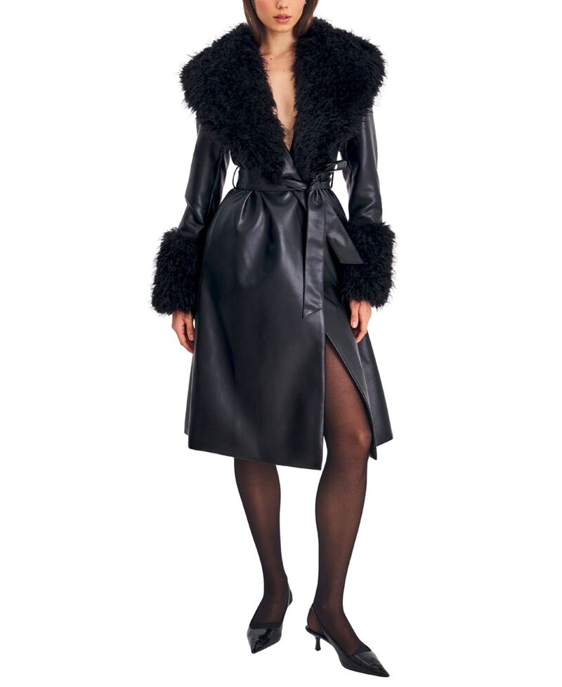 ミスサークル レディース アウター コート レザー フェイクレザー Miss Circle Zariah Faux Fur Trimmed Longline Faux Leather Coat Black ブラック｜ReVida 店