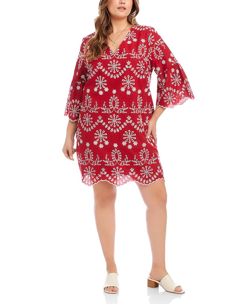 カレンケーン レディース トップス 衣装 足し加える大きさ 刺しゅう Karen Kane Plusize Flare Sleevembroideredress Red/ Off White 象牙色