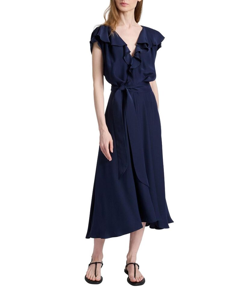 サントレッリ レディース トップス 衣装 フラウンス MIDI 地絹 Santorelli Mandy Ruffled Faux Wrap Silk Midi Dress Midnight