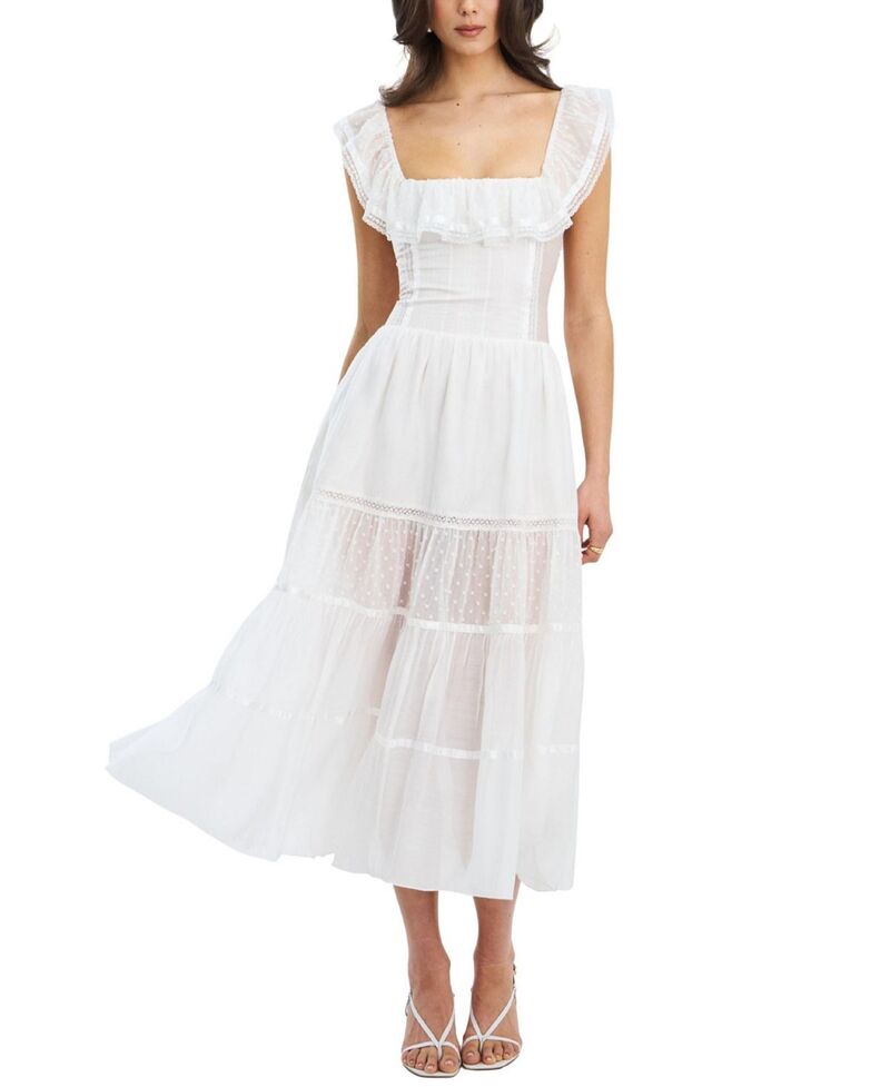 し損ない倶楽部 レディース トップス 衣装 御機嫌酉の方角 フラウンス MIDI Miss Circleden Square Neck Ruffle Trim High Waist Midi Dress White 白いこと