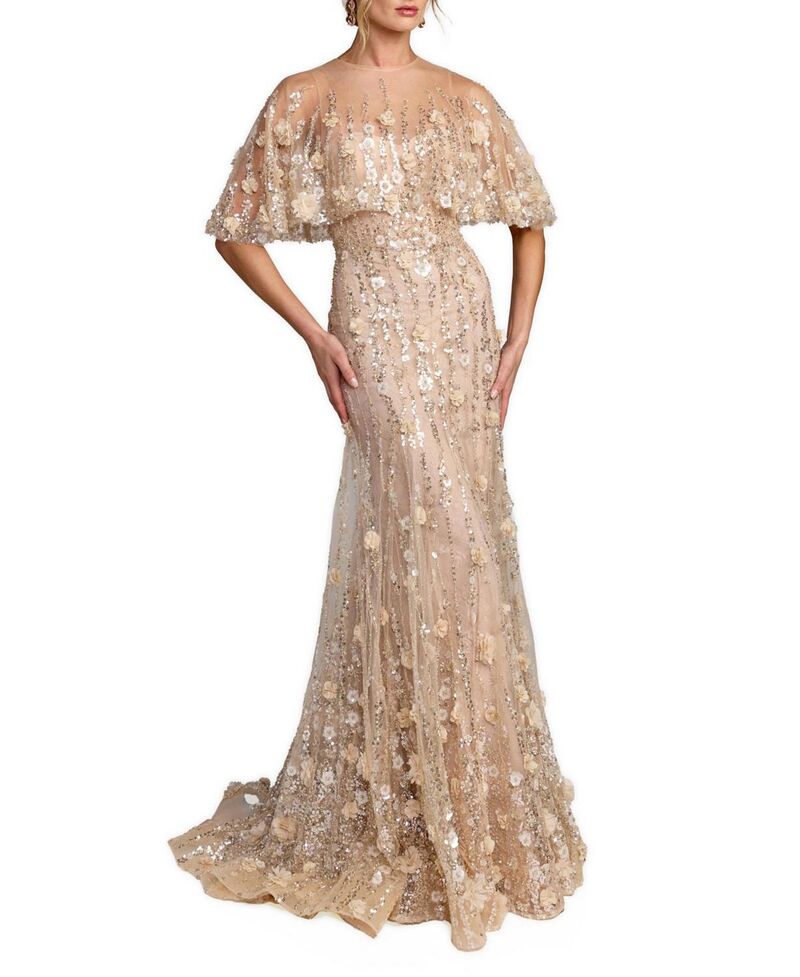 マックダガル レディース トップス 衣装 シフォン 御花柄 旗がしら スピード競技 御花 Mac Duggal Chiffon Lace Floral Caplet Sleeve Trumpet Gown Almond