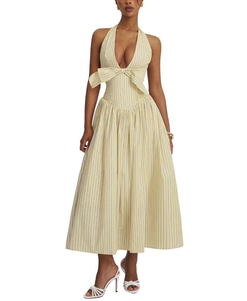 し損ない倶楽部 レディース トップス 衣装 綿織物 マキシ ホルター Miss Circle Talise Cotton Poplin Stripe Plunging Halter Maxi Dress Yellow 黄色