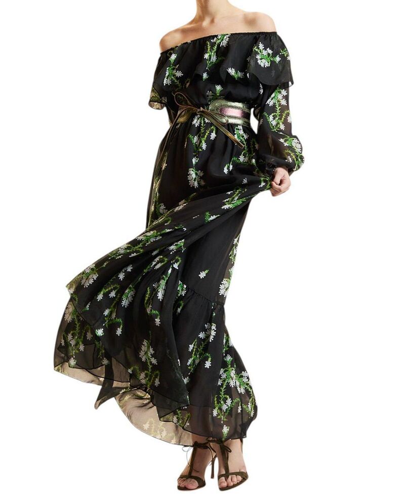 シンシアローレイ レディース トップス ワンピース シルク マキシ Cynthia Rowley Off Shoulder Silk Maxi Dress Black Vine Floral ブラック｜ReVida 店