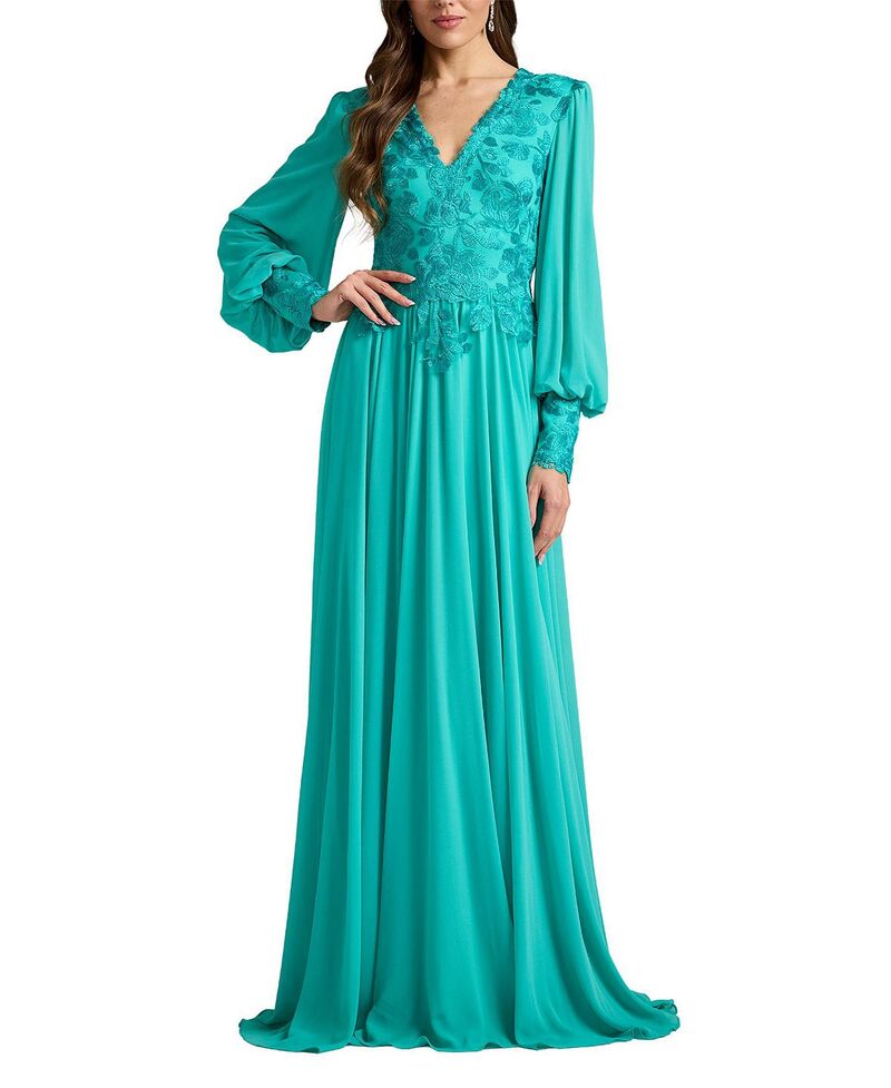 タダシショージ レディース トップス 衣装 刺しゅう Tadashi Shoji Delfina Embroidered Bishop Sleeve Gown Cool Aqua アクア