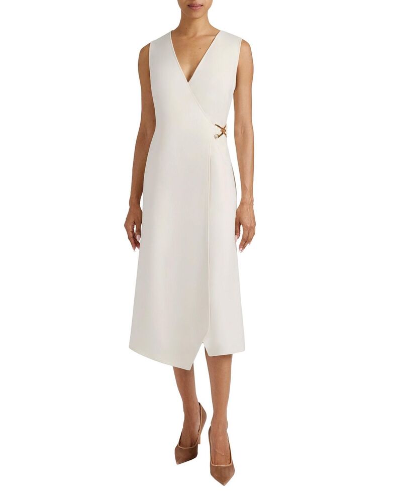 サントレッリ レディース トップス 衣装 縮緬 ノースリーブ Santorelli Ursa Sleeveless Faux Wrap Dress with Metal Buckle インチ Stretch Crepe SANDSTONE