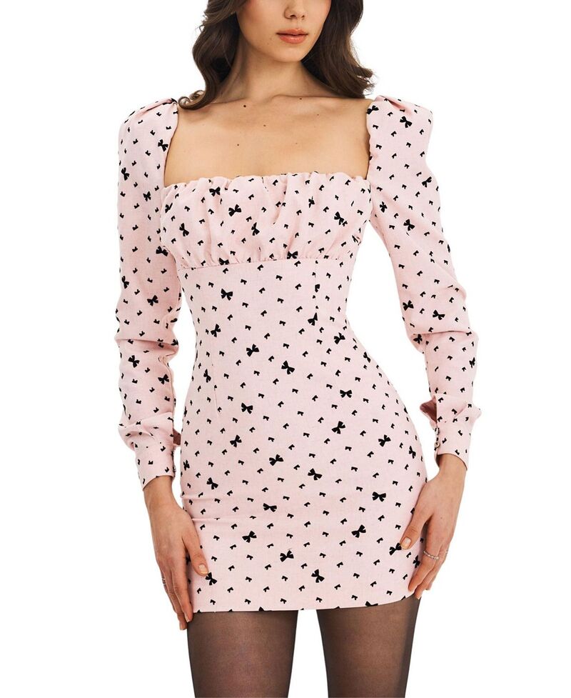 し損ない倶楽部 レディース トップス 衣装 ギャザー ミニ 天鵝絨 Miss Circle Perla Ruched Bust Velvet-Embossed Bow Mini Dress Pink サクラ色