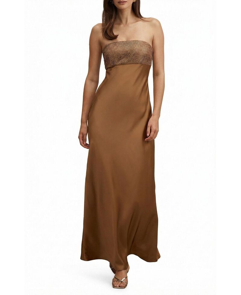 エバーニュー レディース トップス 衣装 繻子 マキシ Ever Newomen\u0027s Amina Embellished Satin Maxi Dress Golden Brown 赤銅色