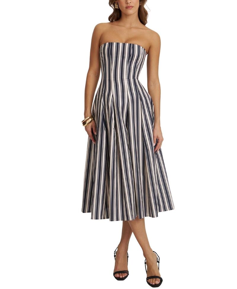 ミスサークル レディース トップス ワンピース ミディ ストラップレス リネン Miss Circle Wyanne Linen Striped Strapless Midi Dress Black and White Stripe ホワイト｜ReVida 店