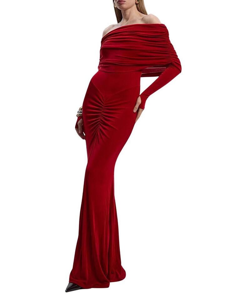 カレンミレン レディース トップス 衣装 ギャザー マキシ Karen Millen Ruched Off Shoulder Fishtail Maxi Dress Red 赤いこと