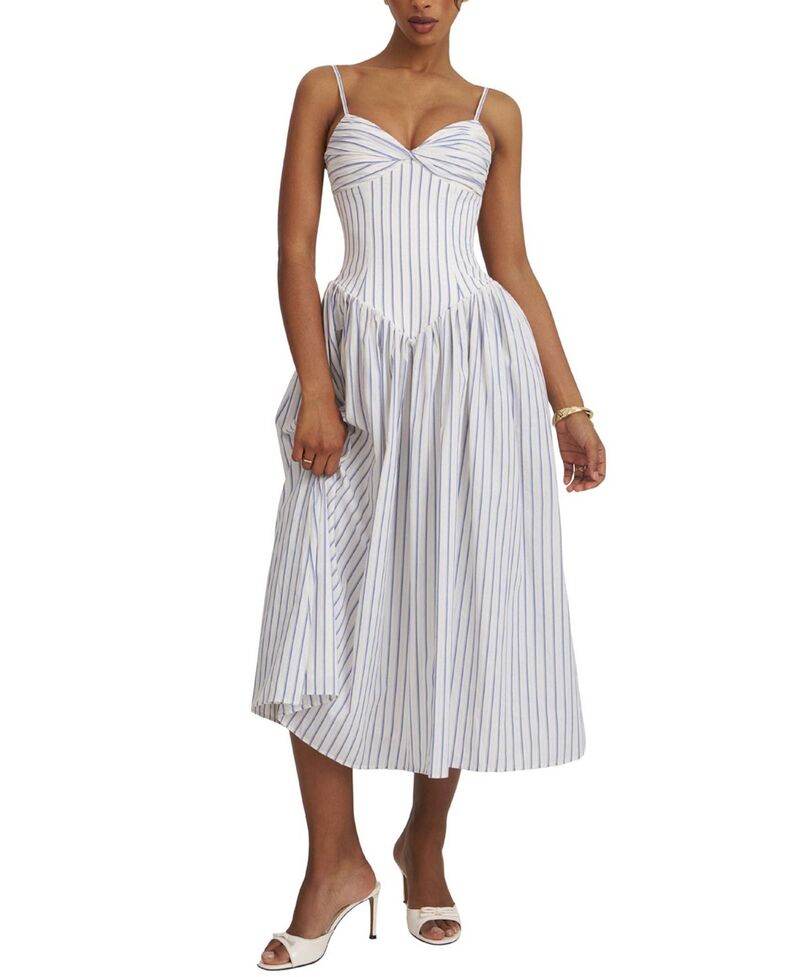 し損ない倶楽部 レディース トップス 衣装 ギャザー MIDI 綿織物 Miss Circle Olea Striped Cotton Poplin Ruched Midi Dress Bright Blue 青色