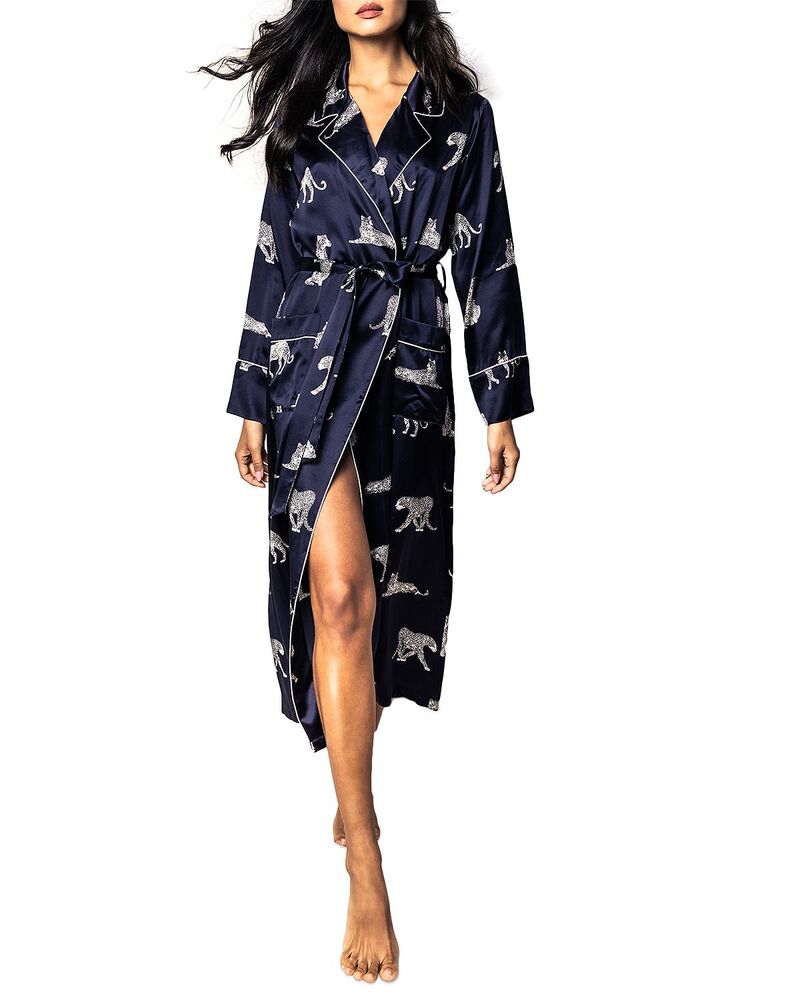 プティットプリュム レディース アンダーお召しもの ナイト爵お召しもの 刷り上げる 絹地 Petite Plume Panthre de Nuit Printed Mulberry Silk Robe Navy 米国海軍