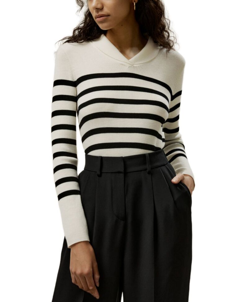 リリーシルク レディース アウター ニット・セーター ウール LILYSILK Striped Ultra-fine Merino Wool Sweater White With Black Stripes ホワイト｜ReVida 店