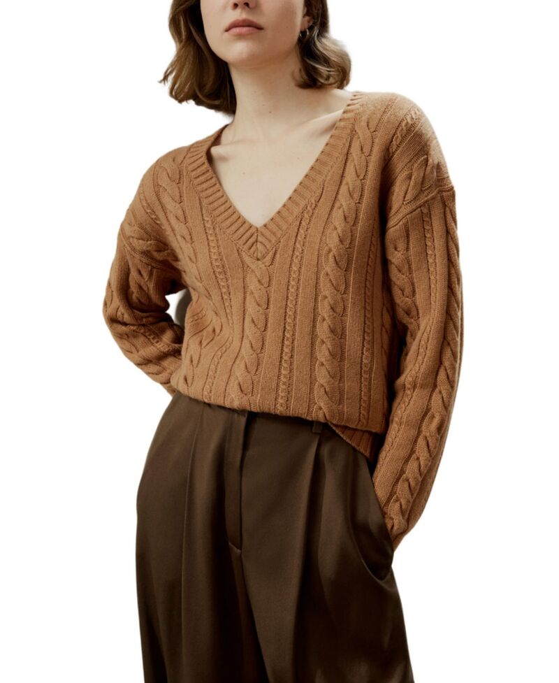 リリー絹地 レディース アウター 編み物・スウェーター 羊毛 LILYSILK Women\u0027S Cable-Knit Wool-Cashmere Blend Sweater Toffee