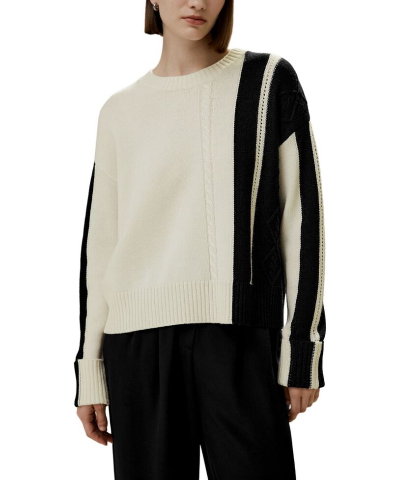 リリーシルク レディース アウター ニット・セーター ウール LILYSILK Bicolor Stripe Knit Wool Sweater Black and White Block ホワイト｜ReVida 店